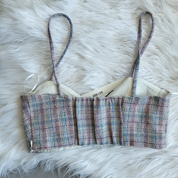 Zara White and Blue Pink Tweed Cropped Bralette Size Small Summer top NWT - Picture 7 of 10